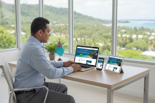 Modern workspace showcasing responsive website design Fiji on laptop, tablet, and smartphone for tech enthusiasts